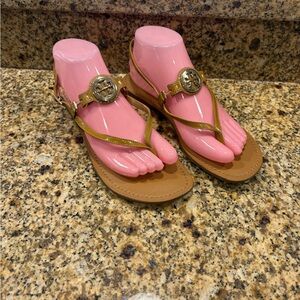 Tory Burch Ali Tan thong sandals Ankle Strap Gold Accent Size 8.5